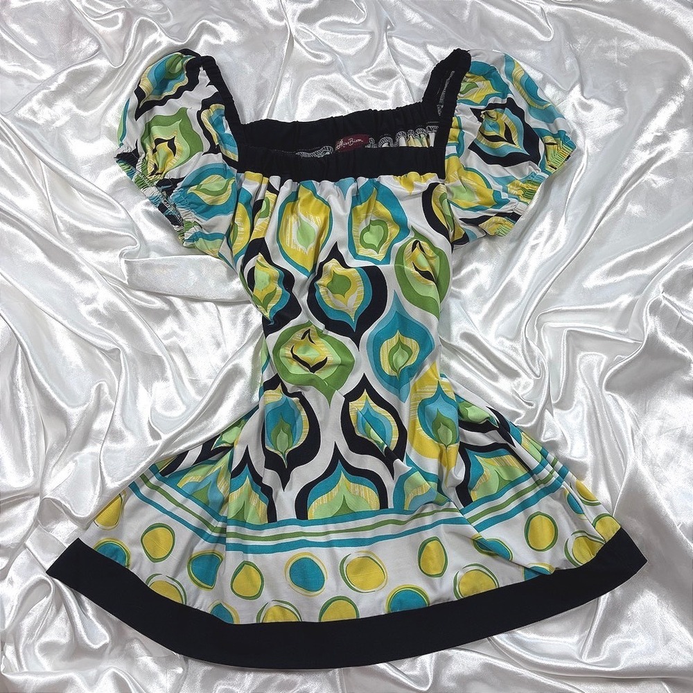 y2k Miss Bisou Babydoll Top Multi-Color Excellent Geometric Puff Sleeve Blouse